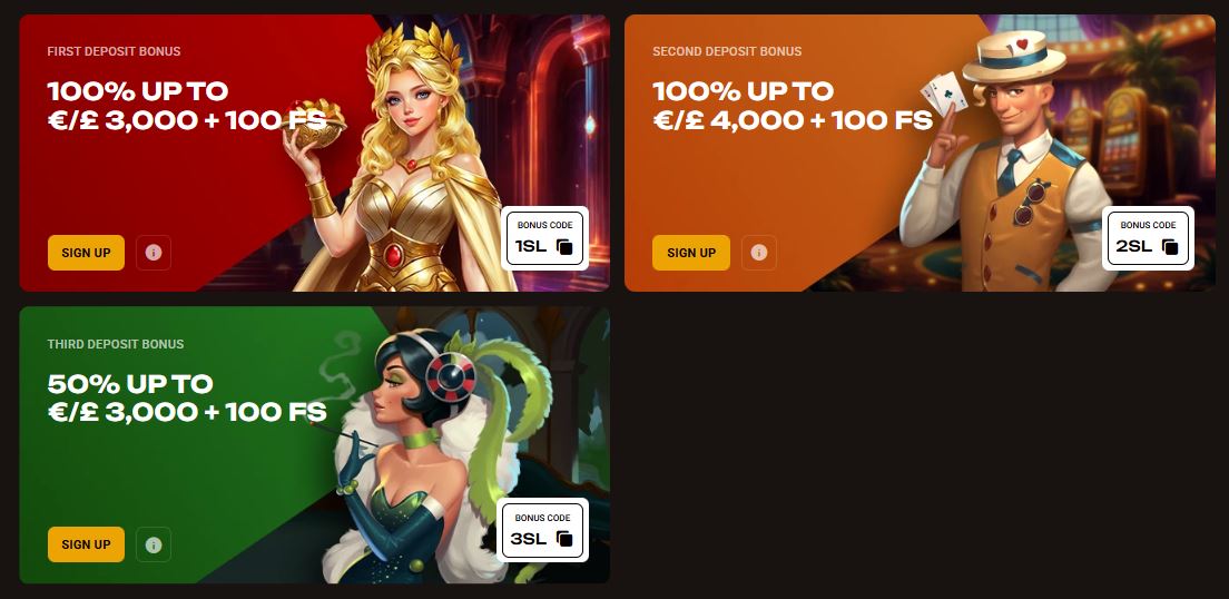 Get first three deposit bonuses using promotional codes